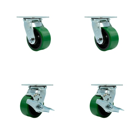 Service Caster 4 Inch Green Poly on Cast Iron Swivel Caster Set with Ball Bearings 2 Brakes SCC SCC-30CS420-PUB-GB-2-TLB-2